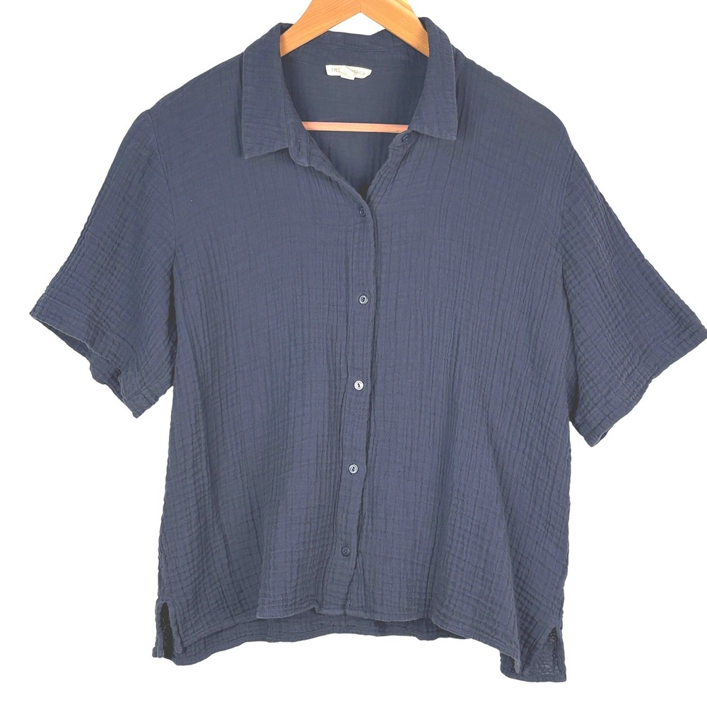 Eileen Fisher Women Short Sleeve Org. Cotton Gauze Button Up Shirt L Breathable